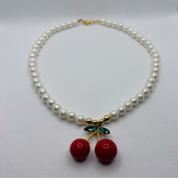 Handmade White Pearl and Red Cherry Necklace - Picture 1 of 4